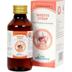 A bottle of Dizesto syrup next to its packaging, designed to aid digestive disorders, featuring a graphic of a digestive system on the label.
