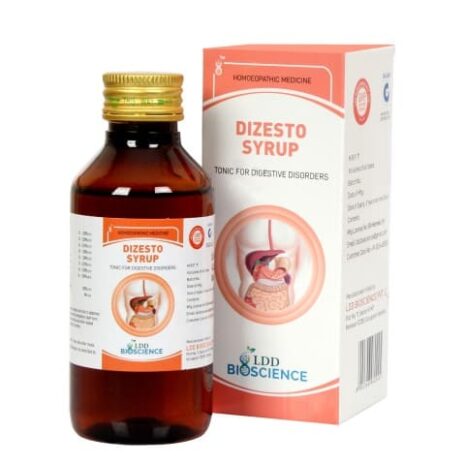 A bottle of Dizesto syrup next to its packaging, designed to aid digestive disorders, featuring a graphic of a digestive system on the label.