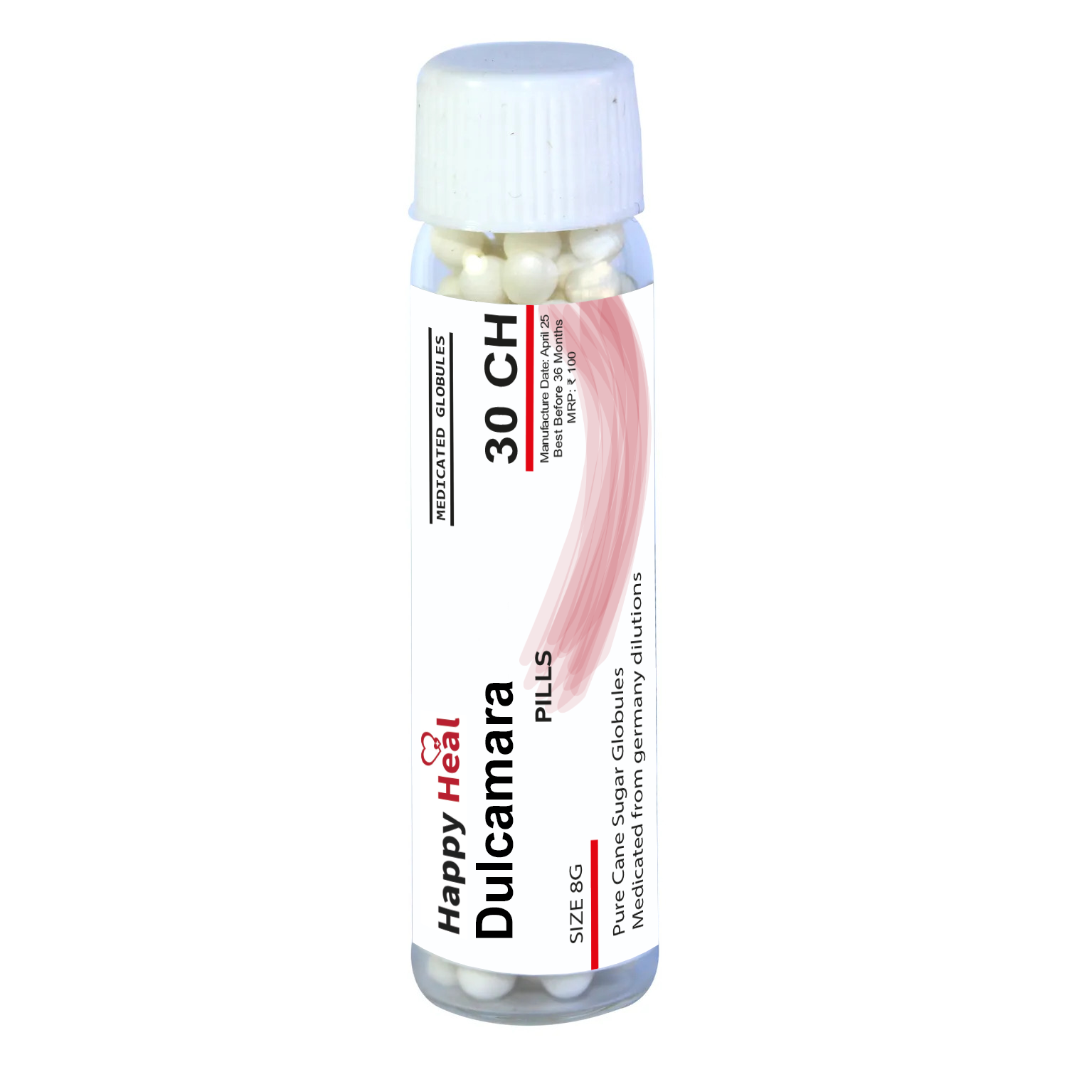 Bottle of Homeopathic Dulcamara pills in 30 CH potency, featuring sugar globules and labeled for medicinal use.