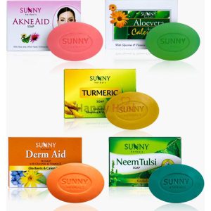 Sunny Herbals Akne Aid, Derm Aid, Neem Tulsi, Turmeric And Aloevera Calendula Bathing Soaps (5x75g)