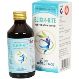 A bottle of Elixir-Rite Restorative Tonic from LDD Bioscience, featuring a blue label with a logo and detailed product information, alongside its packaging box.