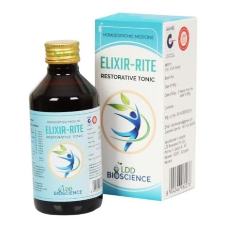 A bottle of Elixir-Rite Restorative Tonic from LDD Bioscience, featuring a blue label with a logo and detailed product information, alongside its packaging box.