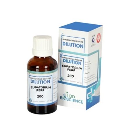A bottle of Eupatorium Perf 200C homeopathic dilution alongside its labeled packaging, featuring a clean, professional design.