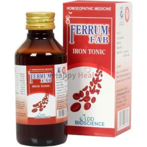 A bottle of Ferrum Fab iron tonic alongside its packaging, labeled as homeopathic medicine by LDD Bioscience.