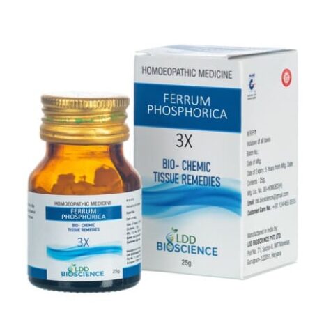 A brown glass bottle of Ferrum Phosphorica homeopathic medicine with a blue and white label, next to its cardboard box, both indicating that it contains bio-chemic tissue remedies.