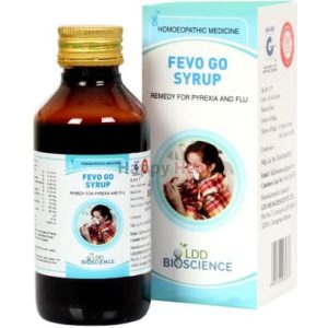 Bottle of Fevo Go Syrup with informative packaging, designed to treat pyrexia and flu symptoms.