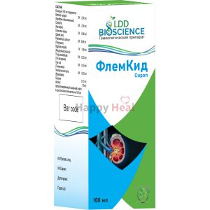 Image of a box packaging for FlamKid syrup by LDD Bioscience, featuring a barcode and product details in multiple languages.