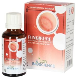 Fungikure Homeopathic Medicine::Fungikure antifungal solution bottle with packaging, designed for treating conditions like athlete's foot and ringworm.