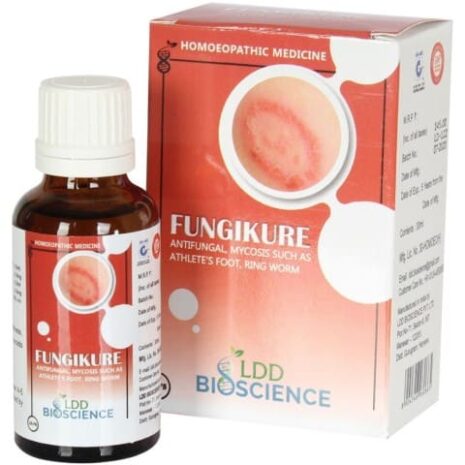 Fungikure Homeopathic Medicine::Fungikure antifungal solution bottle with packaging, designed for treating conditions like athlete's foot and ringworm.
