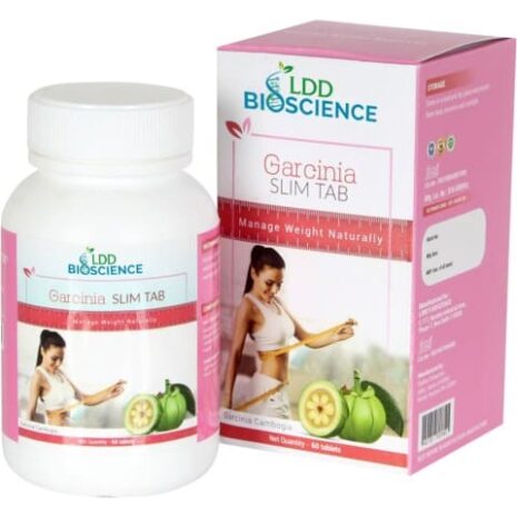 A bottle of Garcinia Slim Tab with a box, featuring an image of a woman promoting natural weight management.