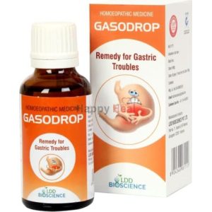A bottle of Gasodrop with a box packaging, labeled as a remedy for gastric troubles, featuring a graphic of a stomach on the front.