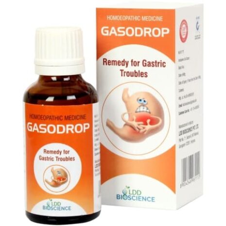 A bottle of Gasodrop with a box packaging, labeled as a remedy for gastric troubles, featuring a graphic of a stomach on the front.