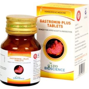 A bottle of Gastromin-Plus homeopathic tablets alongside its box, labeled for remedying hyperacidity and indigestion.