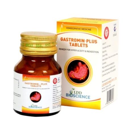 A bottle of Gastromin-Plus homeopathic tablets alongside its box, labeled for remedying hyperacidity and indigestion.