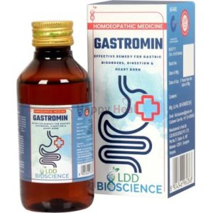 Bottle of Gastromin with packaging, designed for treating gastric disorders, digestion, and heartburn.