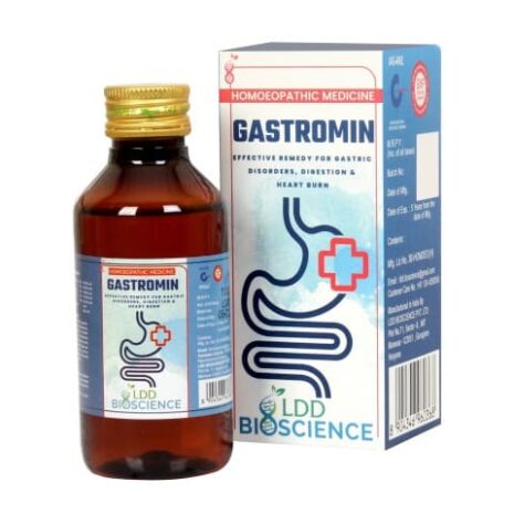 Bottle of Gastromin with packaging, designed for treating gastric disorders, digestion, and heartburn.