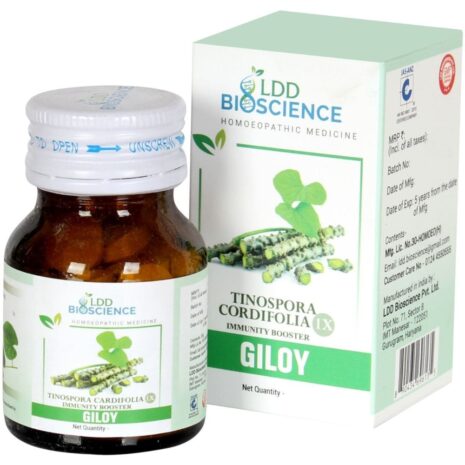 Bottle of homoeopathic medicine containing Tinospora Cordifolia, designed to boost immunity, with green and white packaging.