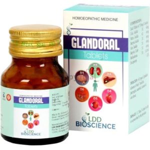 A bottle of Glandoral tablets alongside its packaging, depicting homeopathic medicine for various health conditions.