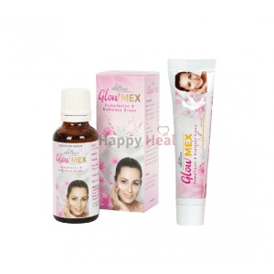 A bottle of Glow Mex complexion drops, a tube of radiance cream, and their packaging showcasing skincare benefits.