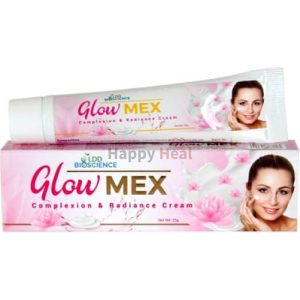 Packaging of Glow Mex Complexion & Radiance Cream featuring a model with a radiant complexion and floral design.