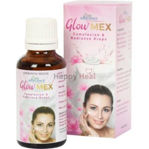 A bottle of GlowMEX homeopathic medicine for complexion and radiance, featuring a promotional box with a smiling woman applying cream to her face.
