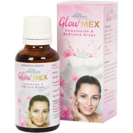 A bottle of GlowMEX homeopathic medicine for complexion and radiance, featuring a promotional box with a smiling woman applying cream to her face.