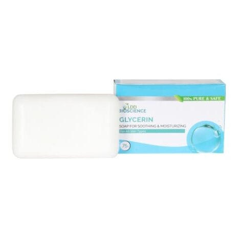 Glycerin Soap for Skin Care::A bar of glycerin soap beside its packaging, promoting soothing and moisturizing benefits for the skin.