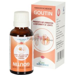 A bottle of Goutin homeopathic medicine for preventing inflammation and deformity of joints, displayed alongside its packaging.