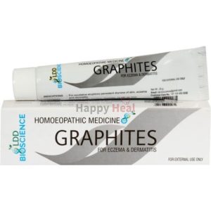 A tube of Graphites homeopathic medicine displayed alongside its box, labeled for the treatment of eczema and dermatitis.