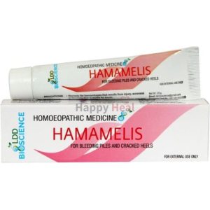 A tube of Hamamelis homoeopathic medicine for treating bleeding piles and cracked heels, displayed alongside its package, labeled for external use only.