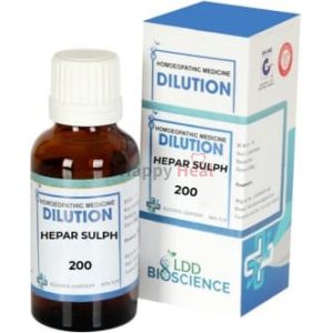 Bottle of Hepar Sulph homeopathic dilution with packaging displayed, labeled with dosage information.