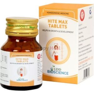 A bottle of Hite Max Tablets by LDD Bioscience, designed to help in growth and development, accompanied by its colorful packaging.