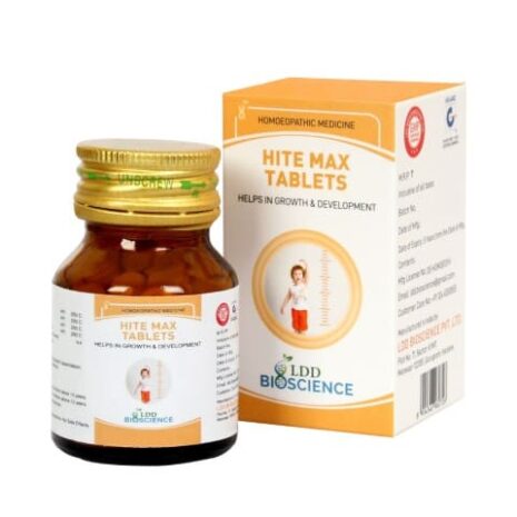 A bottle of Hite Max Tablets by LDD Bioscience, designed to help in growth and development, accompanied by its colorful packaging.