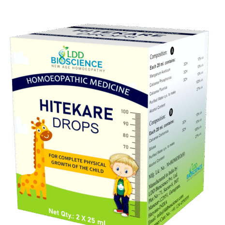 Packaging of Hitekare Drops, a homoeopathic remedy for complete physical growth of children, featuring a playful giraffe and child illustration.