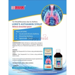 Promotional image of Lord's Asthamin Syrup highlighting its benefits, indications for use, composition, dosage instructions, and packaging information.