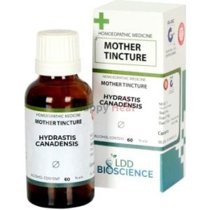 A bottle of homeopathic mother tincture labeled as Hydrastis Canadensis, accompanied by a cardboard box, featuring dosage and alcohol content information.
