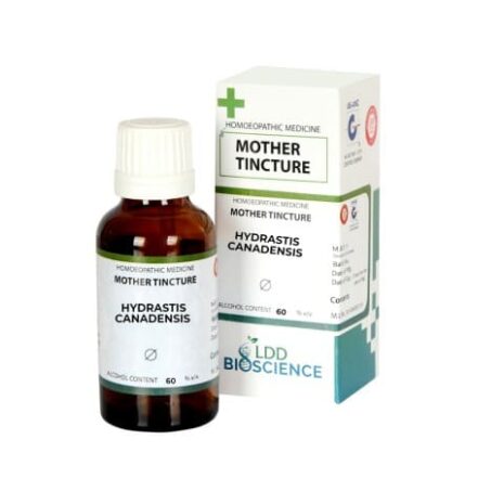 A bottle of homeopathic mother tincture labeled as Hydrastis Canadensis, accompanied by a cardboard box, featuring dosage and alcohol content information.