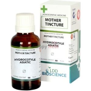 A bottle of homeopathic mother tincture labeled "Hydrocotyle Asiatic," with a matching box and information about alcohol content.