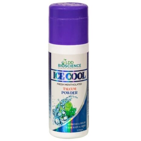 Container of Ice Cool mentholated talcum powder, designed to refresh and relax the body and mind.