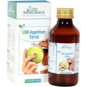 Bottle of LDD Appetiser Syrup next to its packaging, featuring a person holding a green apple.