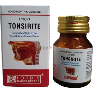 A bottle and box of Lord's Tonsirite, a homeopathic treatment for tonsillitis, featuring the product name and claims about its effectiveness.