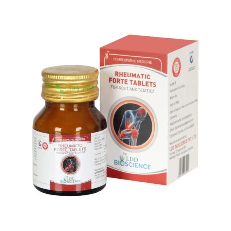 A bottle of Rheumatic Forte tablets alongside its packaging, designed to alleviate gout and sciatica symptoms.