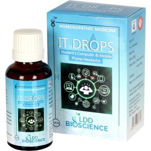 A bottle of IT Drops, a homeopathic medicine designed to relieve headaches caused by computer and mobile phone use, alongside its packaging.