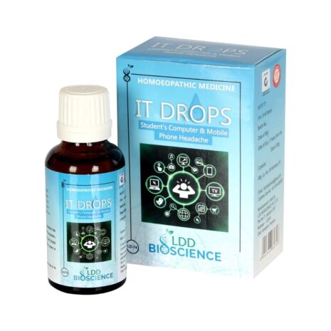 A bottle of IT Drops, a homeopathic medicine designed to relieve headaches caused by computer and mobile phone use, alongside its packaging.