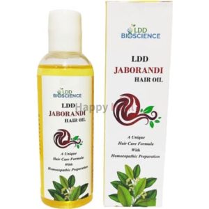 Bottle of LDD Jaborandi Hair Oil with packaging, featuring a rich yellow oil and herbal design elements.