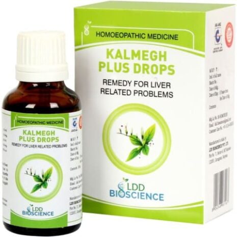 A bottle of Kalmegh Plus Drops alongside its packaging, marketed as a homeopathic remedy for liver-related problems.