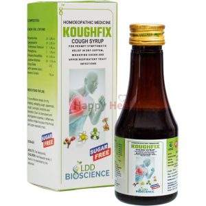 Bottle of Koughfix homoeopathic cough syrup alongside its box, featuring a green design and highlighting sugar-free formulation and indications for use.