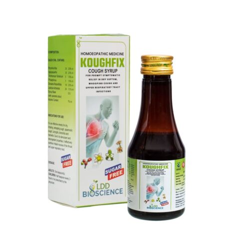 Bottle of Koughfix homoeopathic cough syrup alongside its box, featuring a green design and highlighting sugar-free formulation and indications for use.