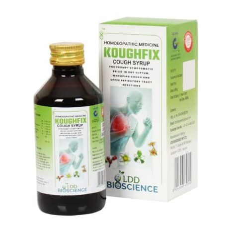A bottle of Koughfix cough syrup with a green box, featuring information about its homoeopathic formulation for respiratory health and cough relief.