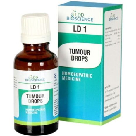 A bottle of LDD Bioscience Tumour Drops homoeopathic medicine alongside its packaging.